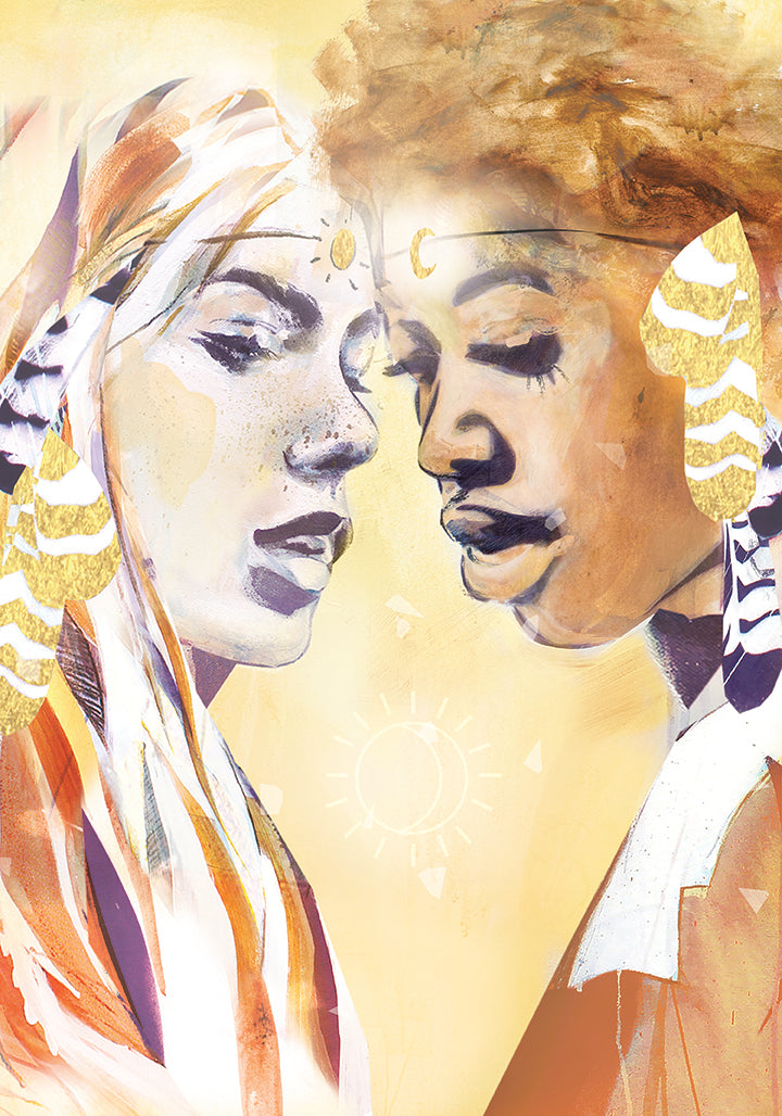 Close-up of the art print Rekindle, showing two figures facing each other in warm golden tones, symbolising intimacy, emotional reconnection, and the rekindling of inner fire.