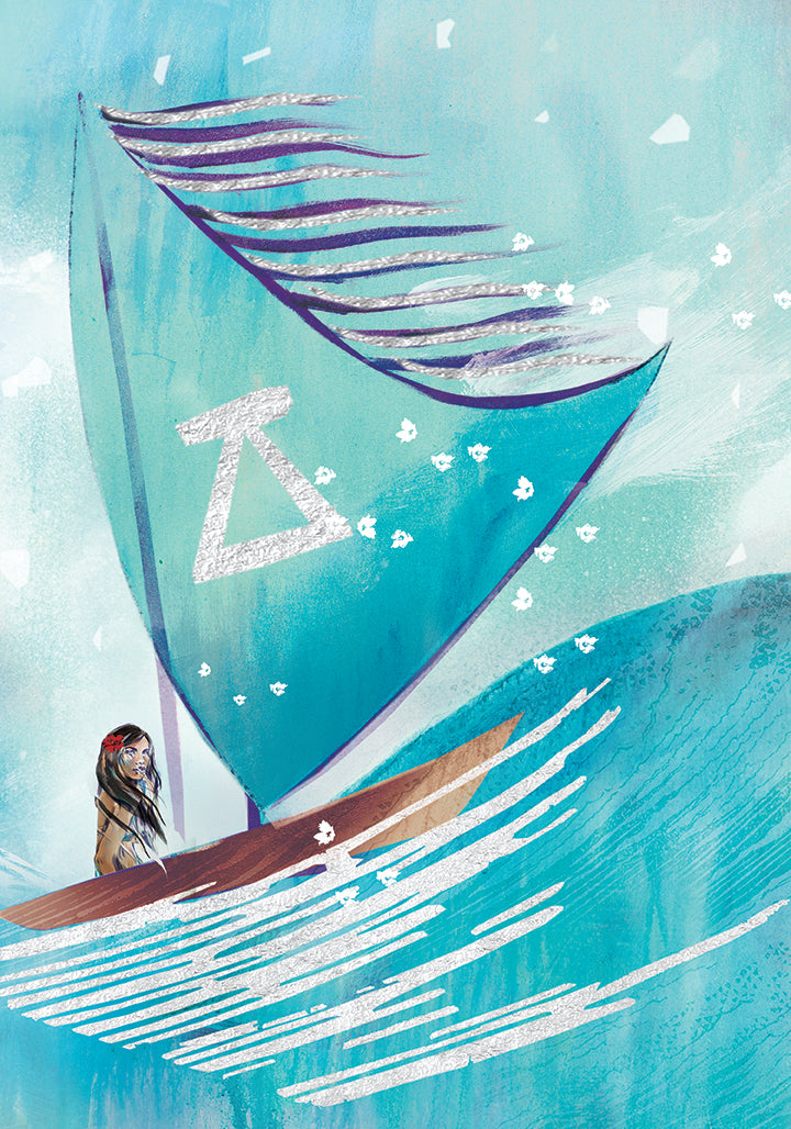 Detail of a water-inspired art print showing a lone figure sailing across flowing turquoise waves beneath a billowing sail, symbolising trust and an inner voyage