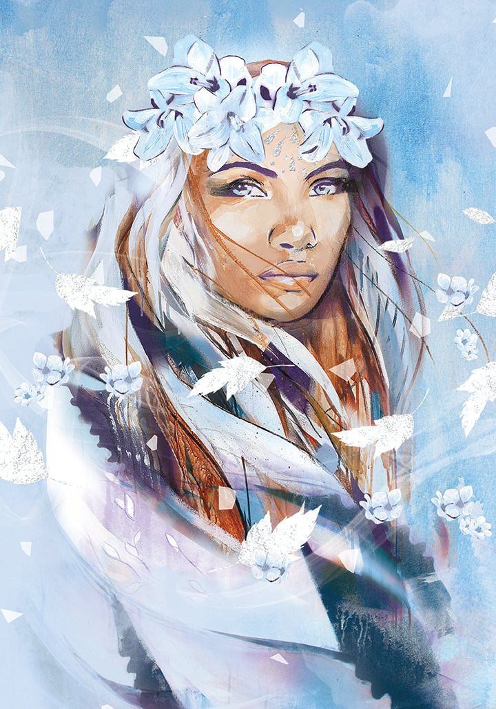 Close-up detail of the Winds of Change art print showing a feminine portrait with a floral crown, flowing hair, and soft blue tones symbolising transition, resilience, and inner strength.