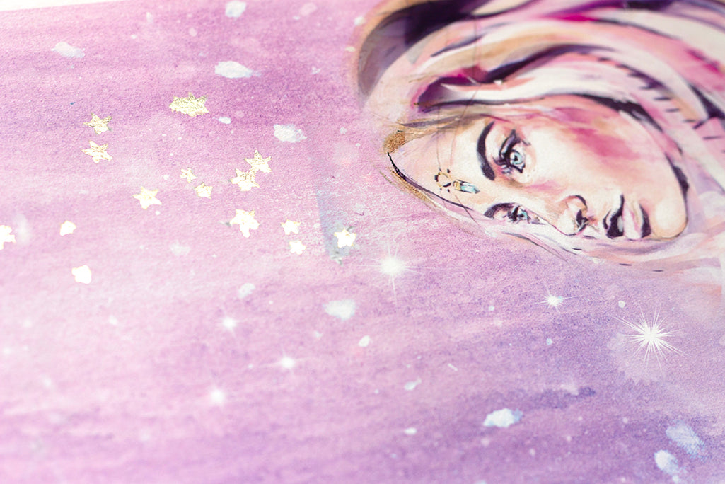 Detail of Wish Upon a Star art print with woman’s face and soft pink starry sky