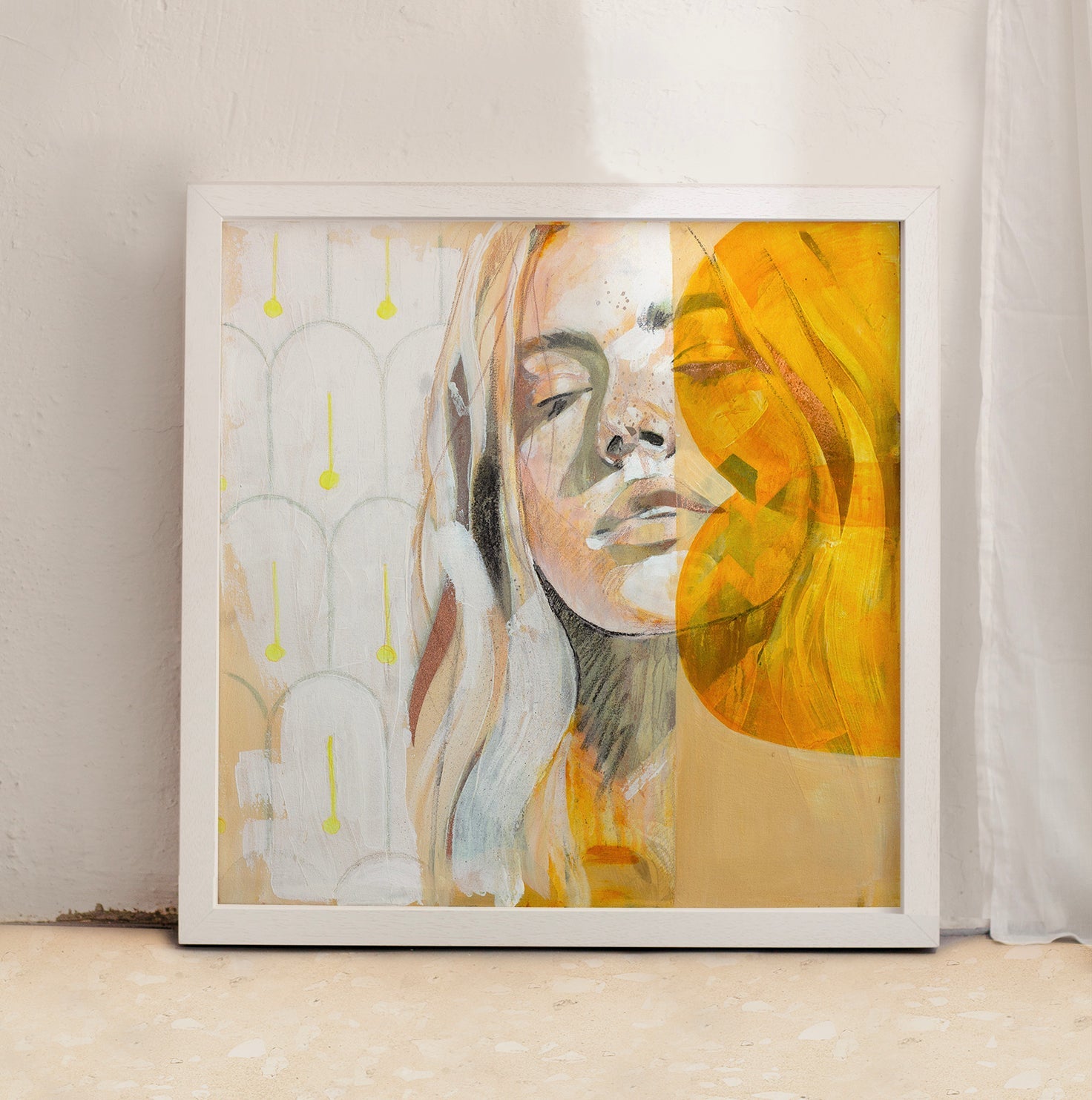 Framed fine art giclée print featuring a contemporary female portrait in warm yellow and neutral tones.