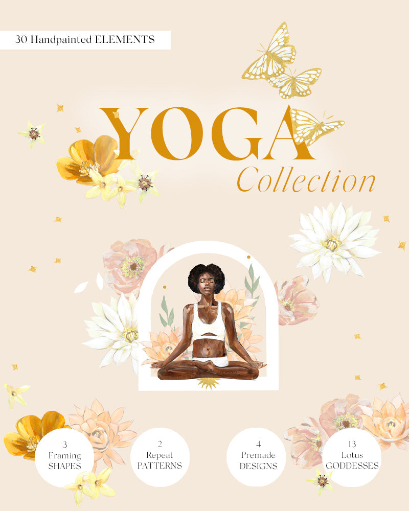Yoga collection digital artwork featuring hand-painted floral elements, butterflies, and a meditating female figure.