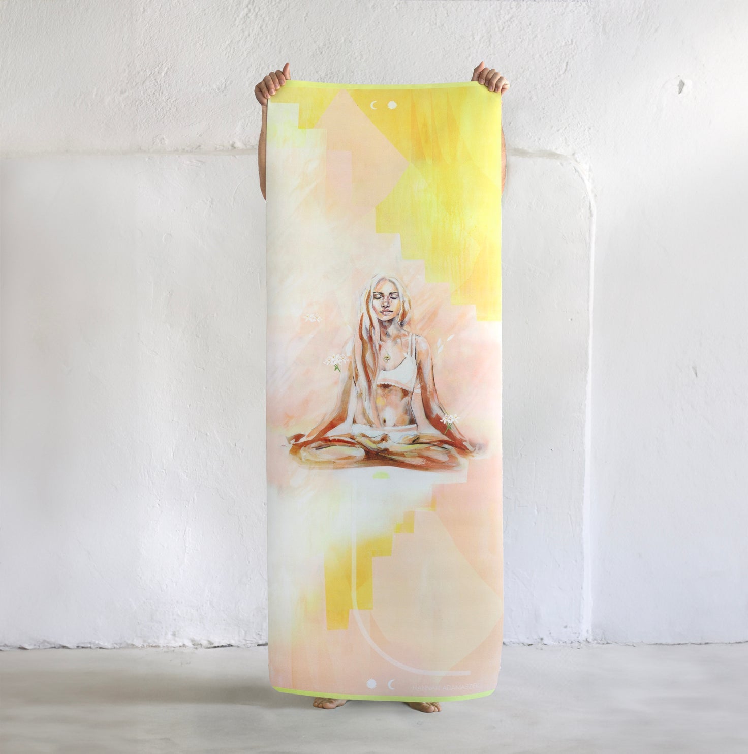 Eco-friendly yoga mat featuring original artwork of a seated female figure in warm, soft tones.