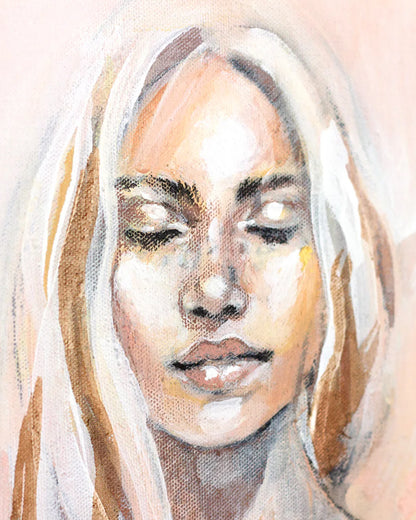 Painting close up detail of a womans face with canvas texture showing. Painted in soft pastels