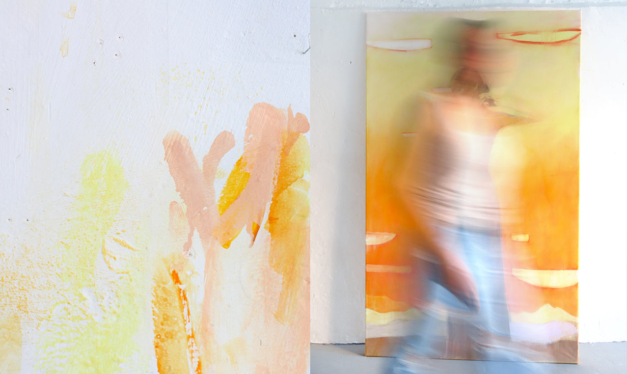 Montage of two photos in an artists studio. Brushstrokes on a wall and the artist moving infant of her painting.