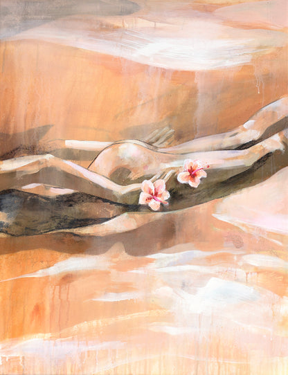 An abstract painting of a woman swimming underwater, holding two flowers, with warm earthy tones. 