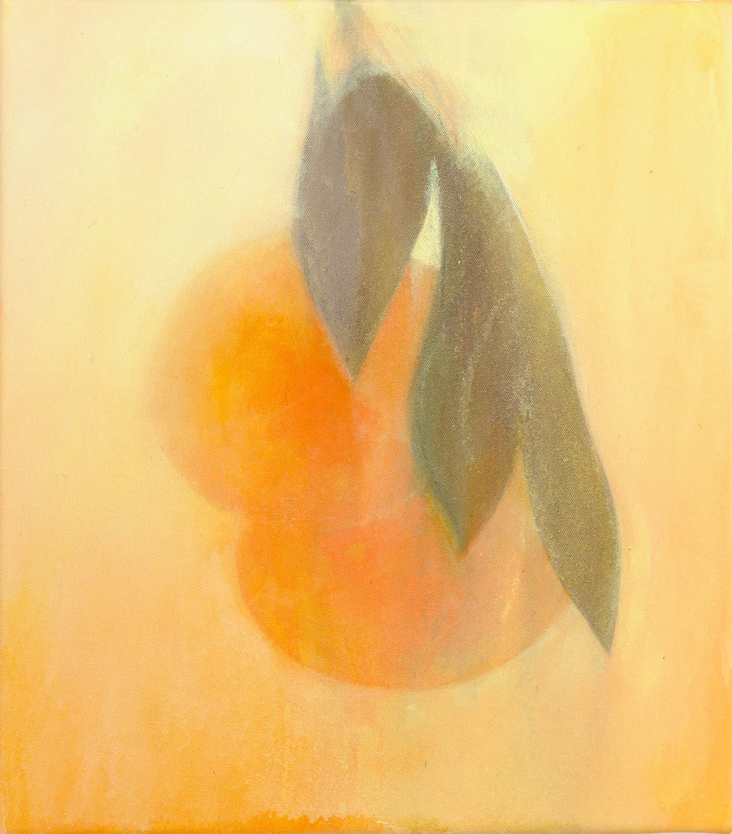 Orange still life painting with citrus fruit and green leaves in warm golden tones, soft abstract style.