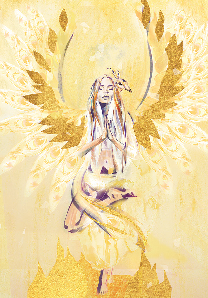 Detail of the Phoenix Rising art print, showing a woman with expansive golden wings and flowing movement, symbolising rebirth, resilience, and inner awakening.