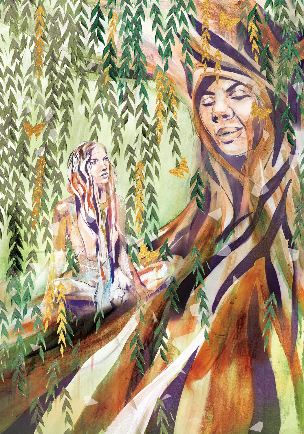 Artwork of a girl sitting under a willow tree with gold leaf and butterflies.