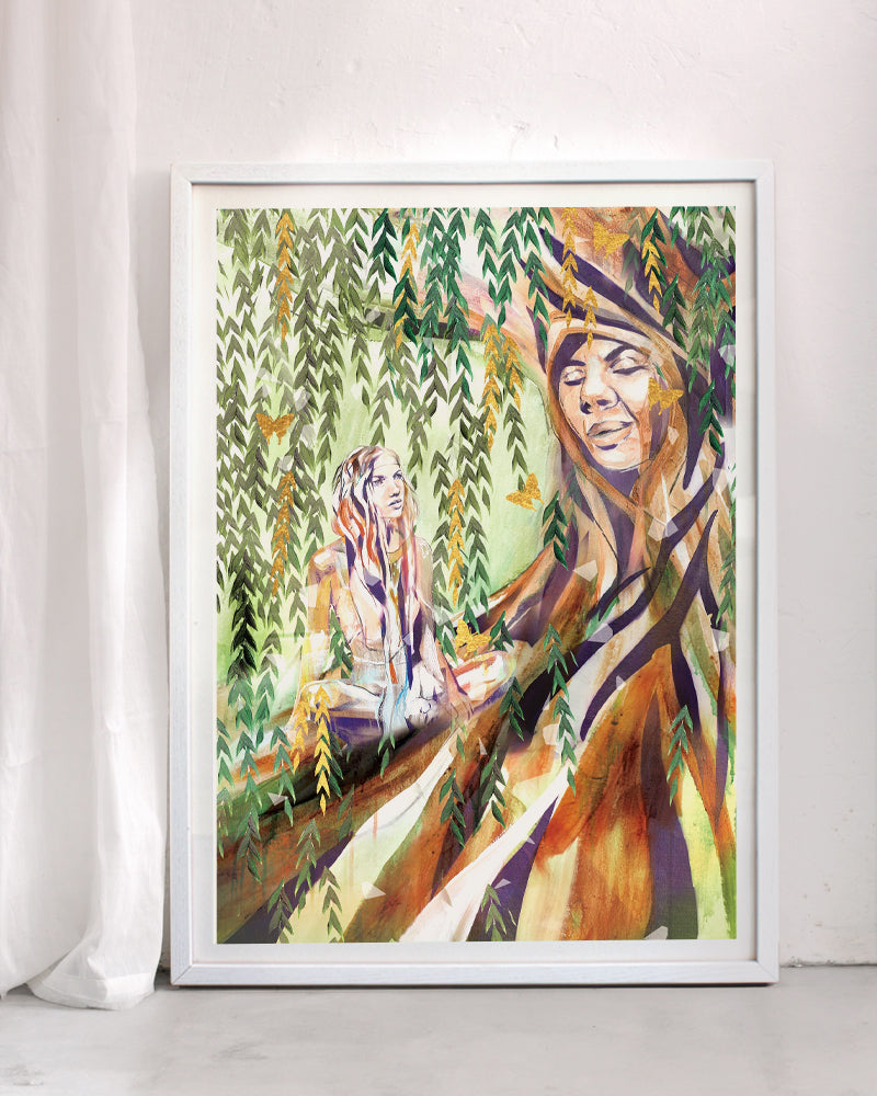 Framed print of a willow tree with a girl sitting under it.