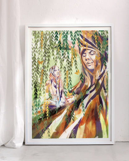Framed print of a willow tree with a girl sitting under it.