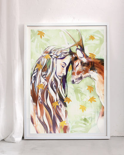 Framed art print of a girl and deer forehead to forehead.