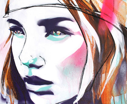 Portrait art print of a young woman in a bohemian street art  style. Neon pink and turquoise.