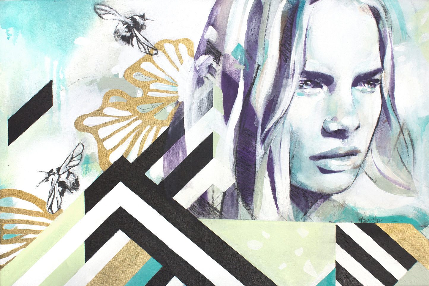 Portrait painting of a free spirit bohemian woman with nature.  Geometric shapes and elements of nature together.