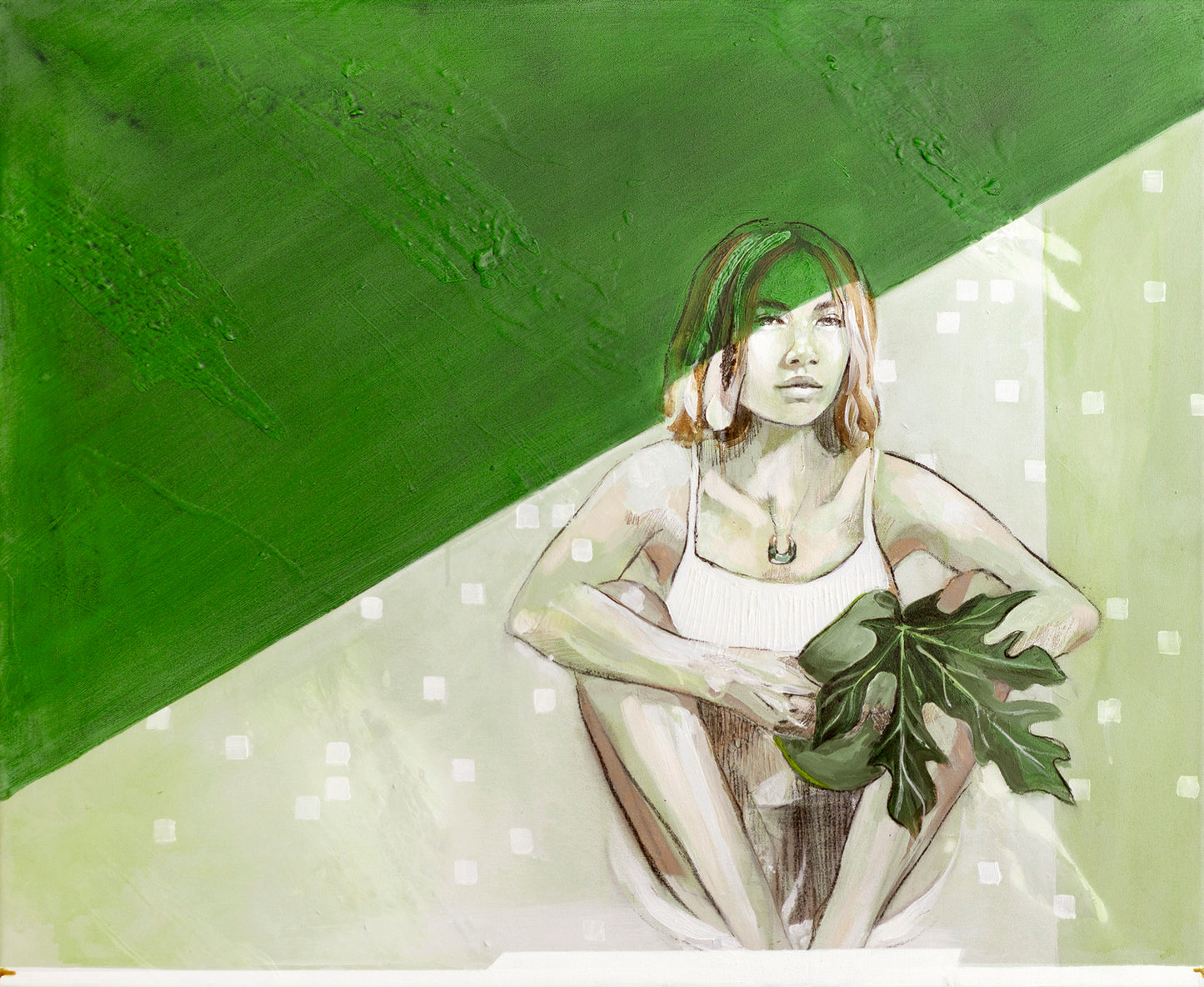 Green portrait of a woman with a large tropical leaf. By Hannah Adamaszek.