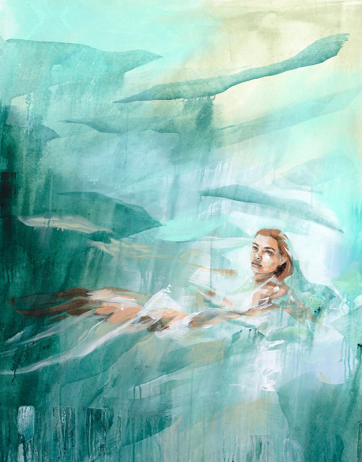 Art print of a woman floating in a sea of turquoise. Fresh and vibrant art.