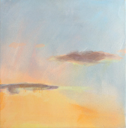 Sunset wall art with soft blue sky and warm golden tones, abstract landscape painting for neutral home decor.