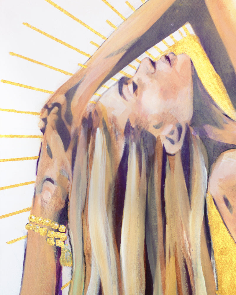 Close up detail of a painting of a woman doing yoga with golds.