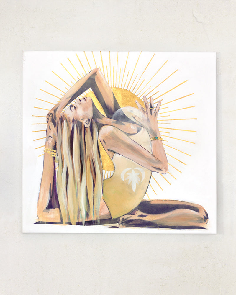 A painting of a woman doing yoga with a sun coming from her heart.  Gold, yellow and white on a white wall.