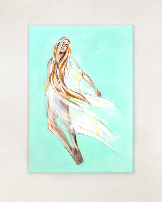 Bright and fresh portrait of a bohemian goddess. Long hair and flowing clothes. Chasing Rivers painting.