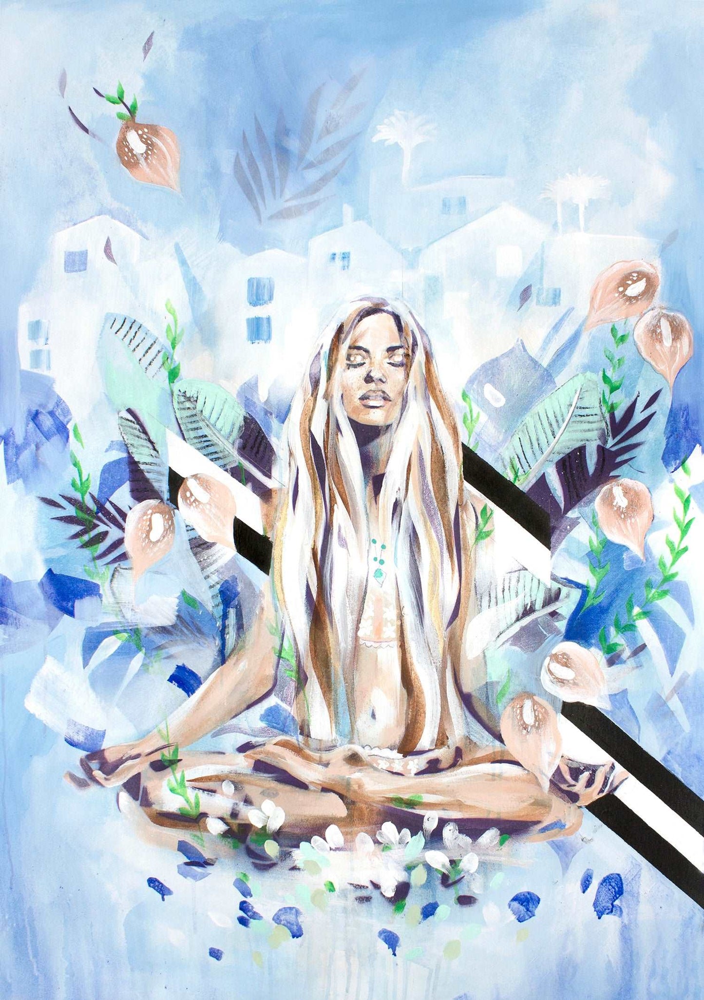 A woman meditating in a sea of blue surrounded by nature. Strong diametric shapes contrast against the soothing scene.