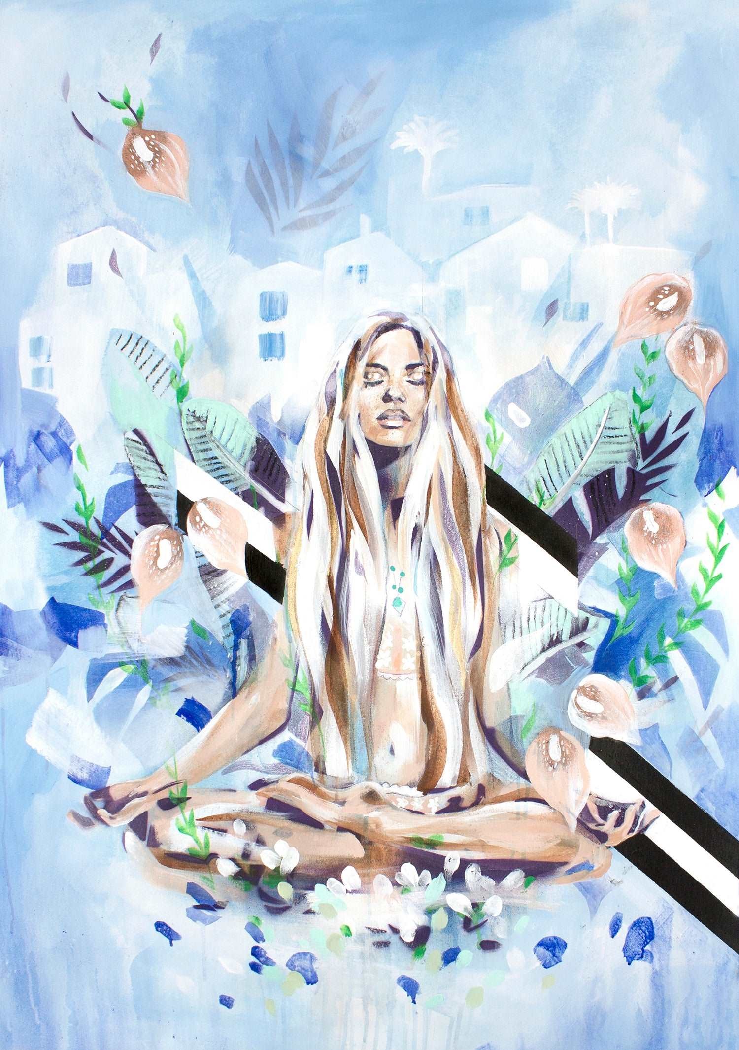 A woman meditating in a sea of blue surrounded by nature. Strong diametric shapes contrast against the soothing scene.