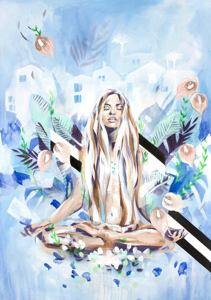 A woman meditating in a sea of blue surrounded by nature. Strong diametric shapes contrast against the soothing scene.