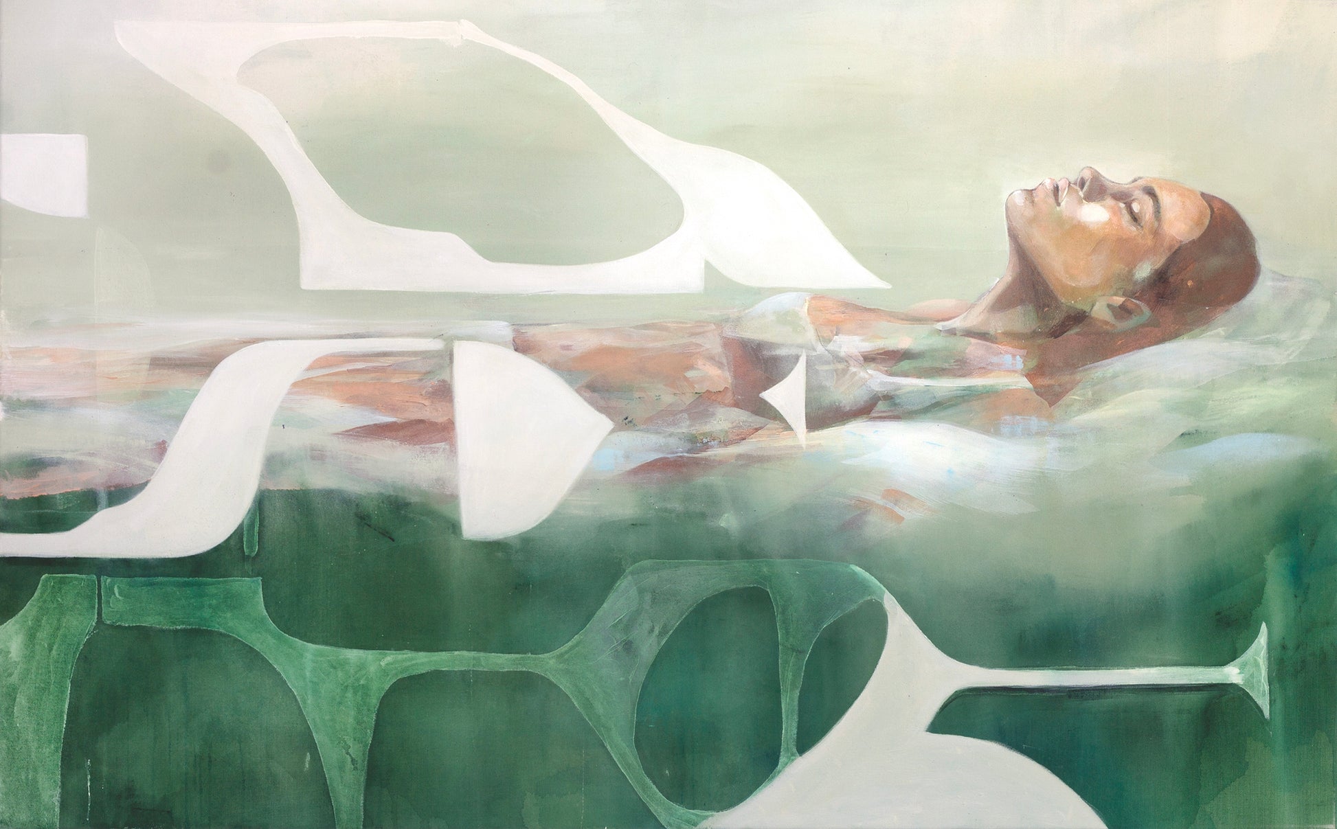 Abstract figurative painting titled Mediterranean Musing by Hannah Adamaszek, featuring a serene woman floating in water, surrounded by soft, flowing organic shapes in green and earthy tones. The composition blends realism with abstraction, evoking tranquility, nature, and a dreamlike atmosphere.