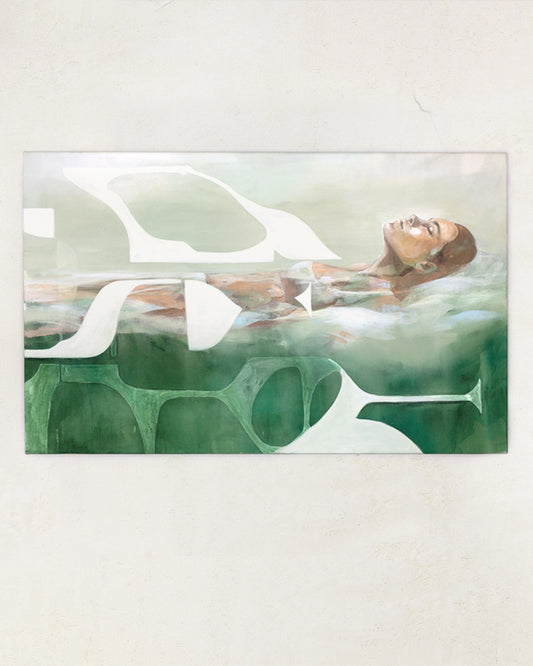 Painting of a woman floating in the Mediterranean sea. Geometric shapes surround her. Painted in soft greens. Hanging on a white wall.
