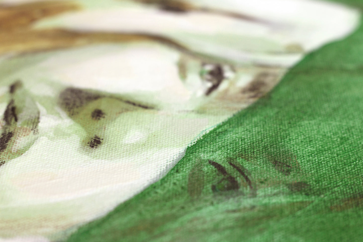 Close up art detail of painting Nourish by Hannah Adamaszek. Canvas texture can be seen and a green shadow hue.