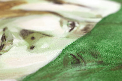 Close up art detail of painting Nourish by Hannah Adamaszek. Canvas texture can be seen and a green shadow hue.