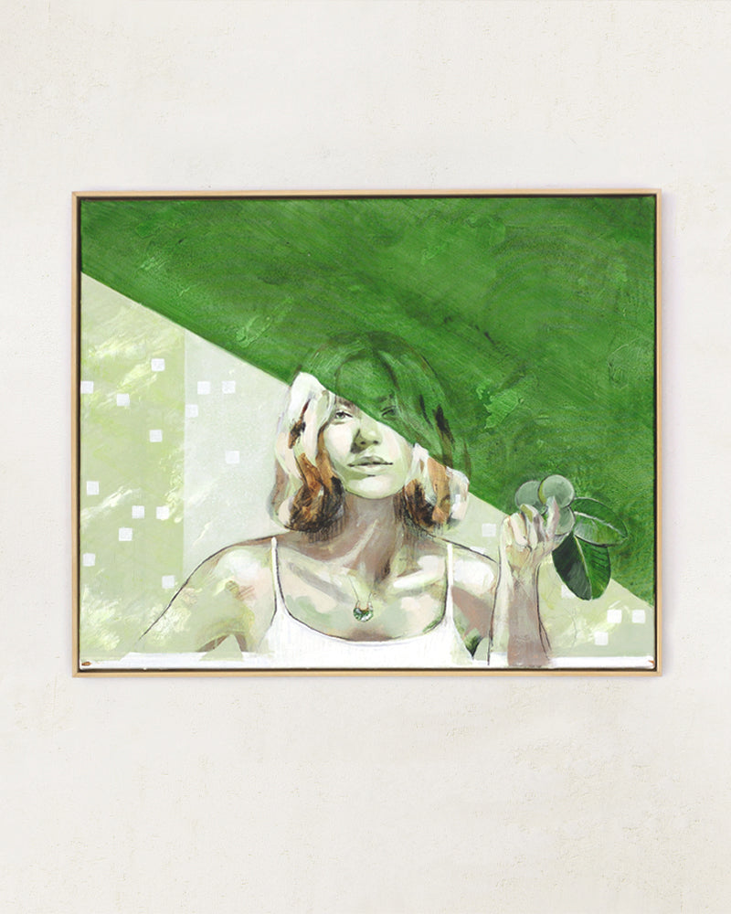 A painting of a woman holding fruit with a green shadow across her face. Framed in a wood frame on a white background.