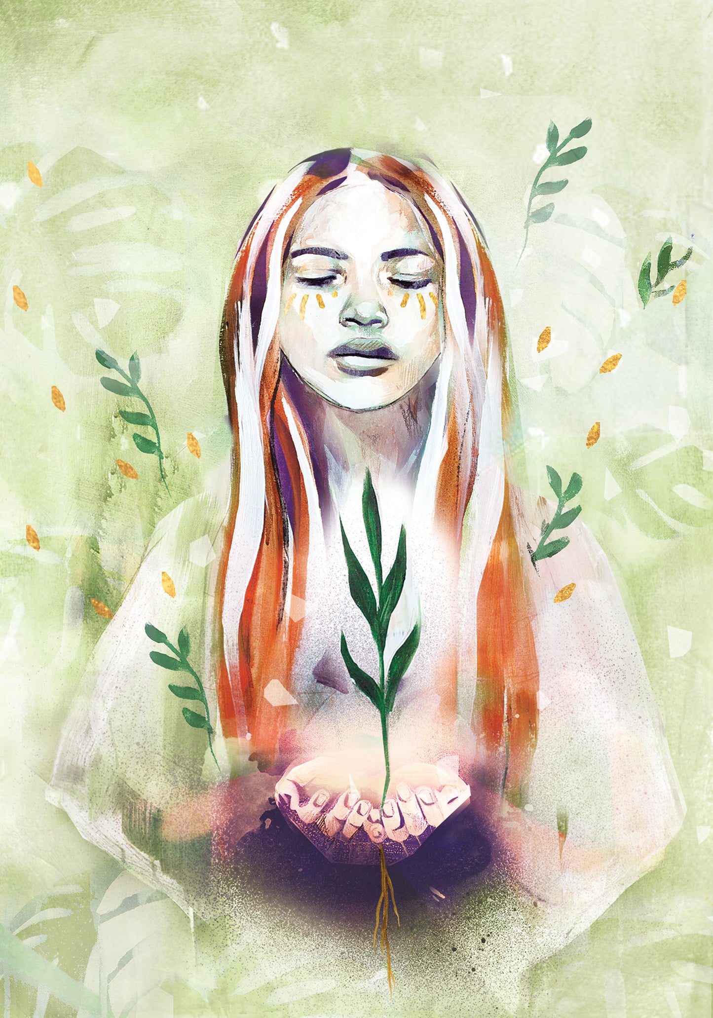 artwork of Patience from the Golden Keys of Gaia Oracle Deck. A girl holding a plant showing growth.