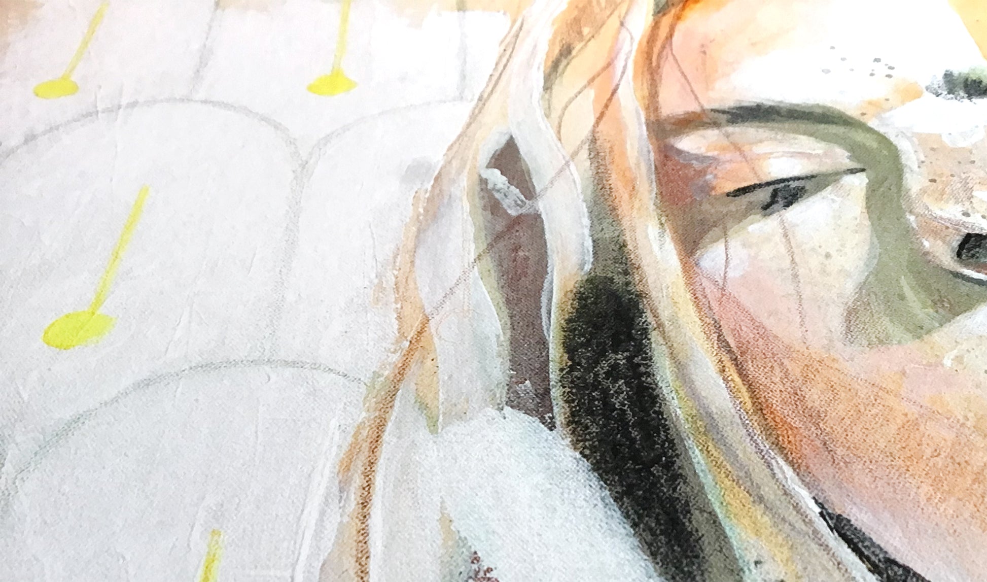 Close up detail of a fine art print of a woman with tiles in the background.