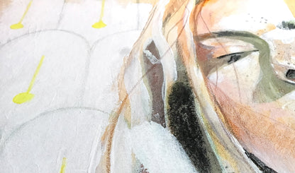 Close up detail of a fine art print of a woman with tiles in the background.