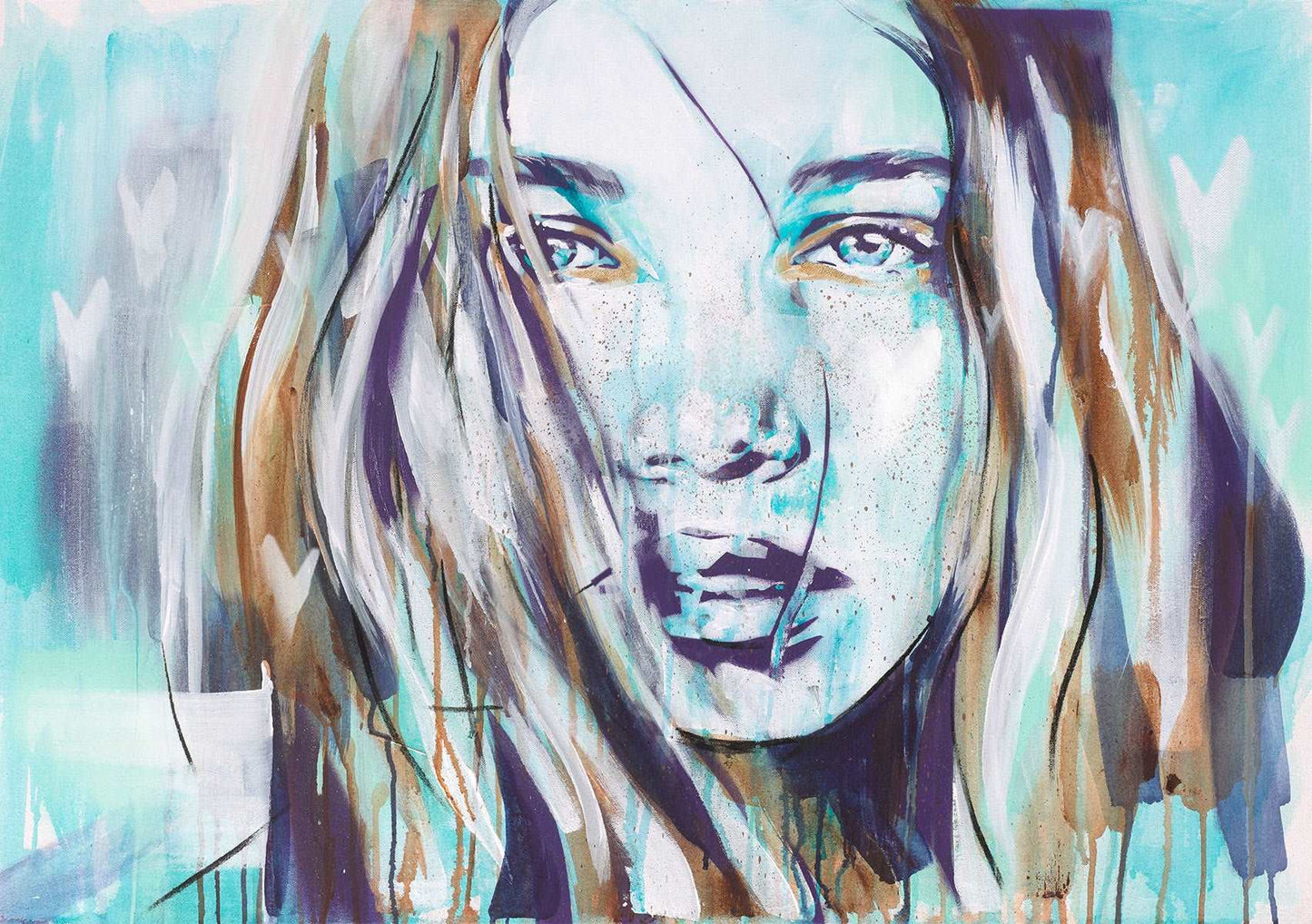 Art print of a bohemian free spirit. Turquoise with hearts.