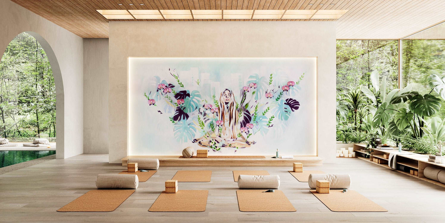 In the Fields wallpaper mural by Hannah Chloe displayed in a modern yoga studio, featuring a meditating woman surrounded by lush botanical elements, designed to create a calm, nature-inspired interior.