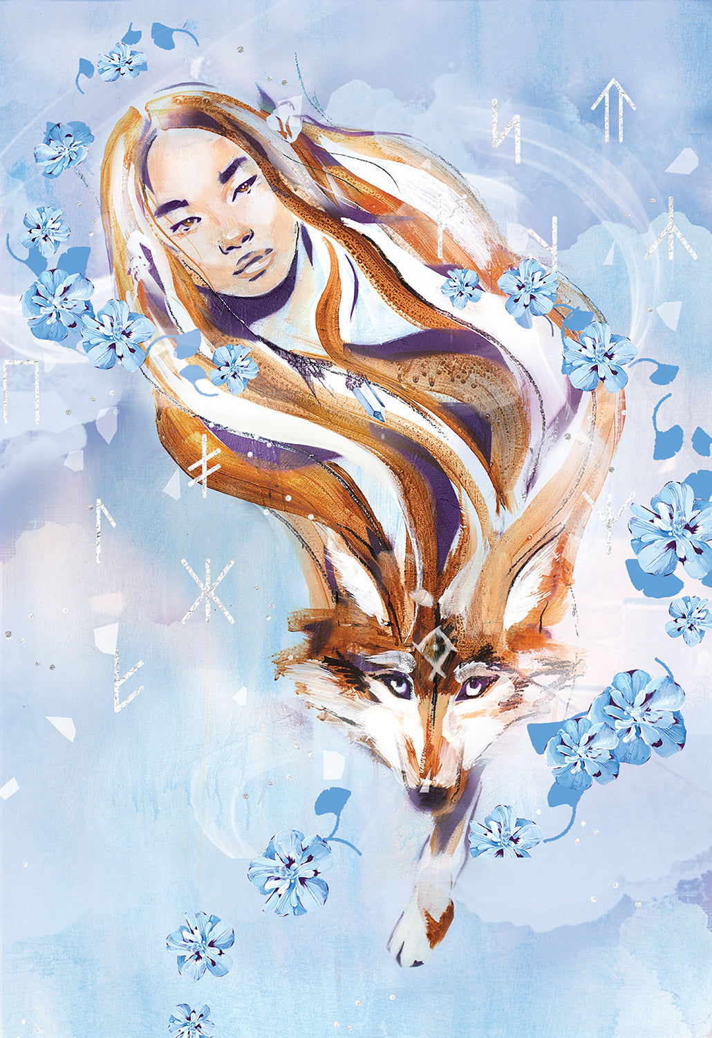 A symbolic female figure flowing into a wolf, surrounded by blue flowers and air symbols, painted in soft sky tones to represent intuition, magic, and the element of air.