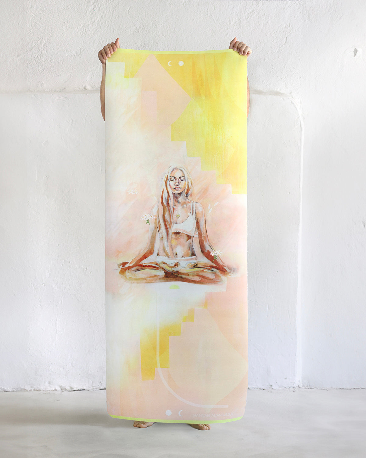 Apricot Glow eco yoga mat by Hannah Chloe — full view of natural rubber base and non-slip vegan suede surface in warm apricot tone.