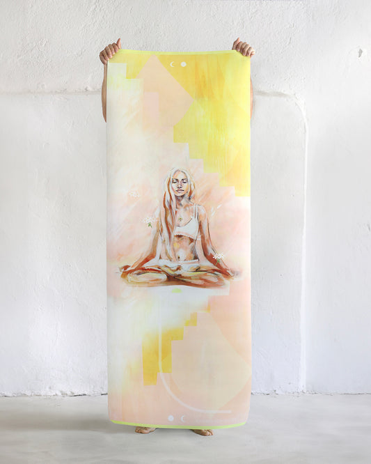 Apricot Glow eco yoga mat by Hannah Chloe — full view of natural rubber base and non-slip vegan suede surface in warm apricot tone.