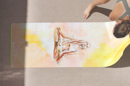 Apricot Glow eco yoga mat by Hannah Chloe shown in yoga pose setup — natural rubber base and non-slip vegan suede surface for mindful movement.