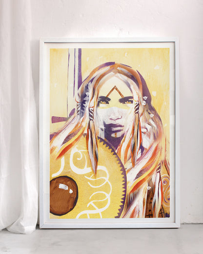 Spiritual art print titled Be Brave, featuring a woman in warm golden tones with symbolic markings, representing courage, strength, and the fire element.