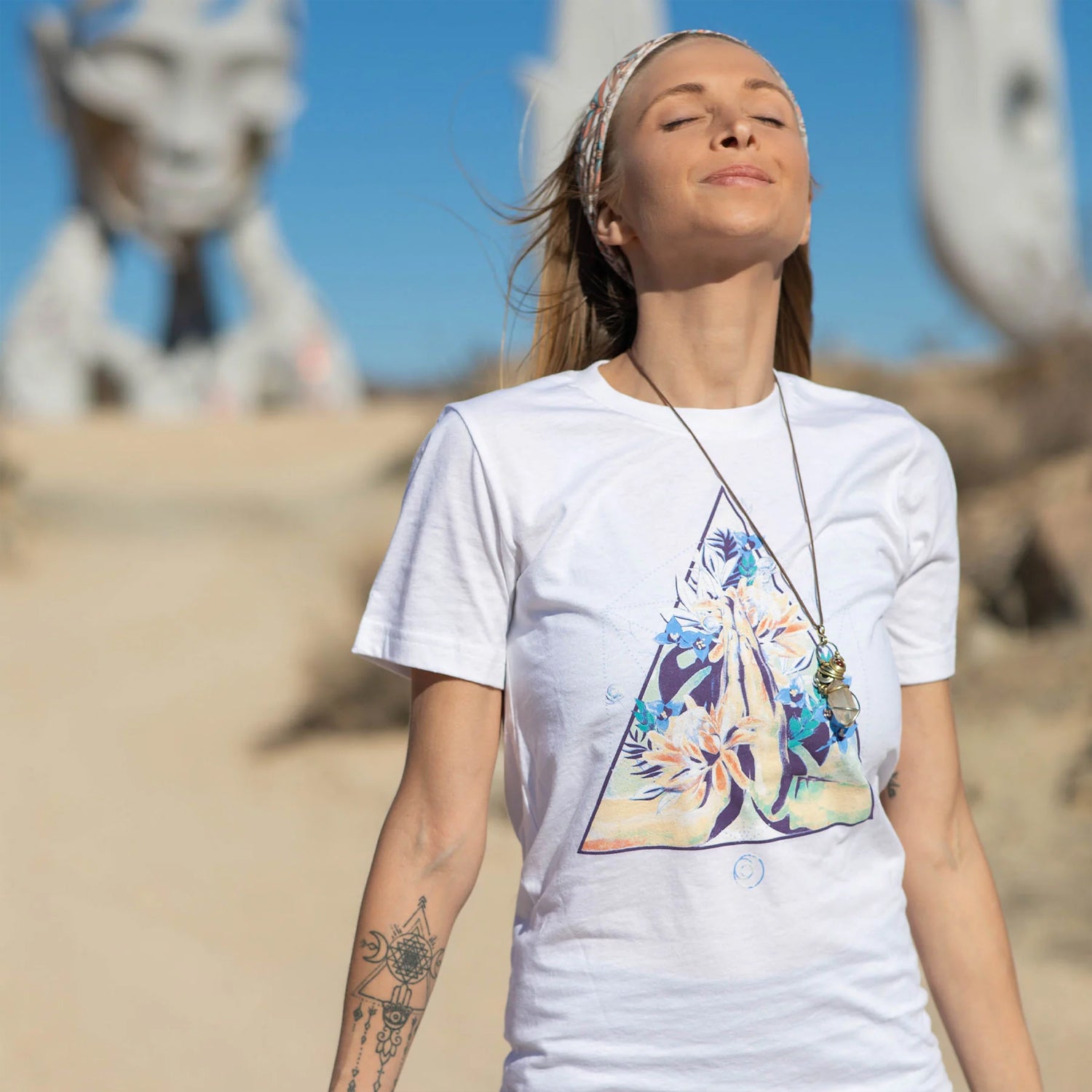 White T-shirt featuring artwork by Hannah Adamaszek, created in collaboration with Boho Beautiful.