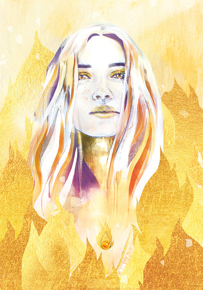 Close-up detail of the Burning Desire art print, showing a woman’s face emerging from golden flames, highlighting texture, warmth, and fire-inspired energy.