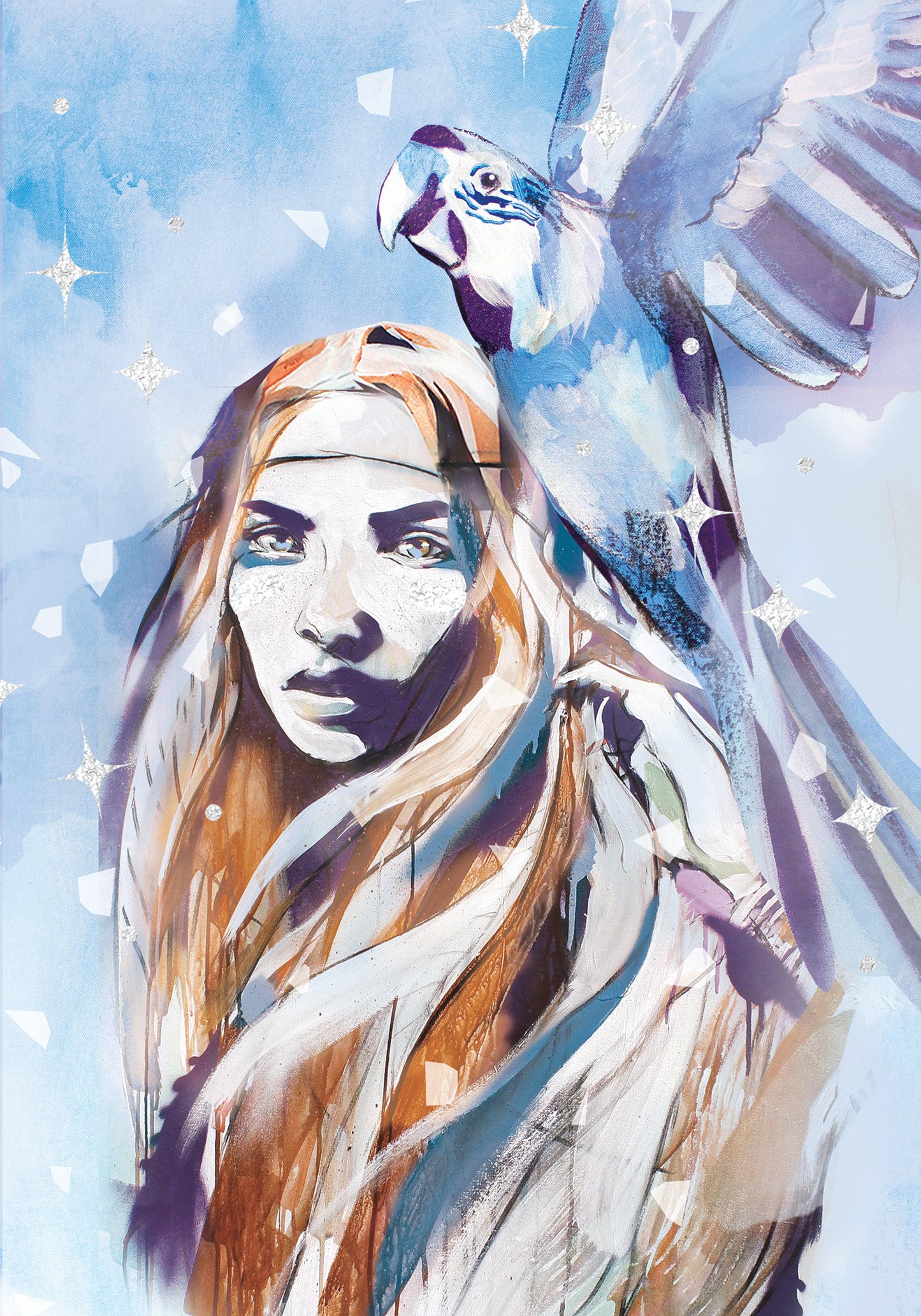 Close-up detail of a woman and parrot in a symbolic air element artwork, painted in soft blue tones to represent creativity, freedom, and self-expression.
