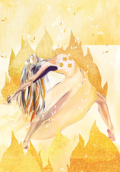 Close-up detail of the Flame of Passion art print, showing a flowing female figure in motion surrounded by golden flames, highlighting vitality, desire, and fire energy.