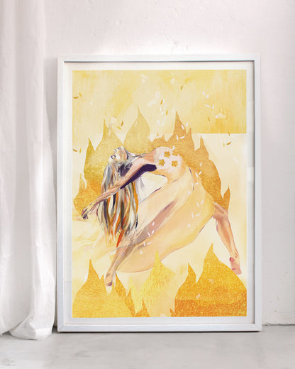Spiritual art print titled Flame of Passion, depicting a woman in expressive movement surrounded by golden flames, symbolising desire, vitality, and fire energy.