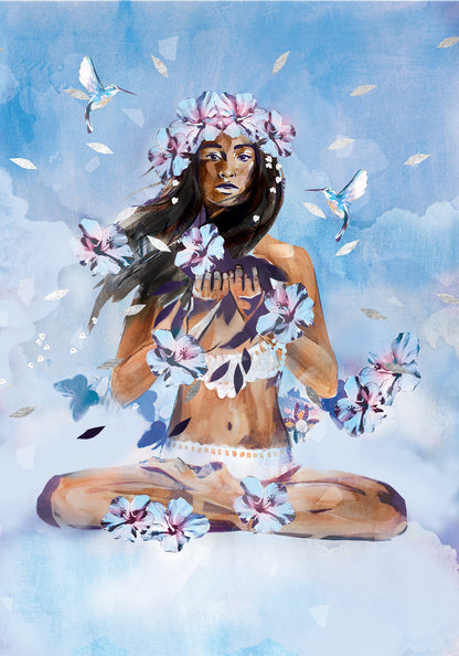 A serene female figure seated in meditation, surrounded by floating flowers and hummingbirds, painted in soft blue tones to symbolise forgiveness, release, and the element of air.