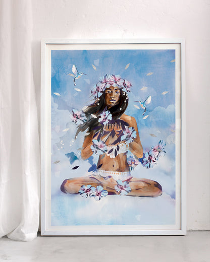 Forgiveness art print featuring a meditating woman surrounded by flowers and hummingbirds, set against a soft blue sky, symbolising healing, compassion, and emotional release.