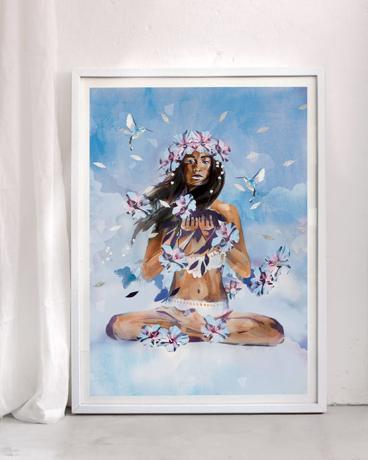 Forgiveness art print featuring a meditating woman surrounded by flowers and hummingbirds, set against a soft blue sky, symbolising healing, compassion, and emotional release.